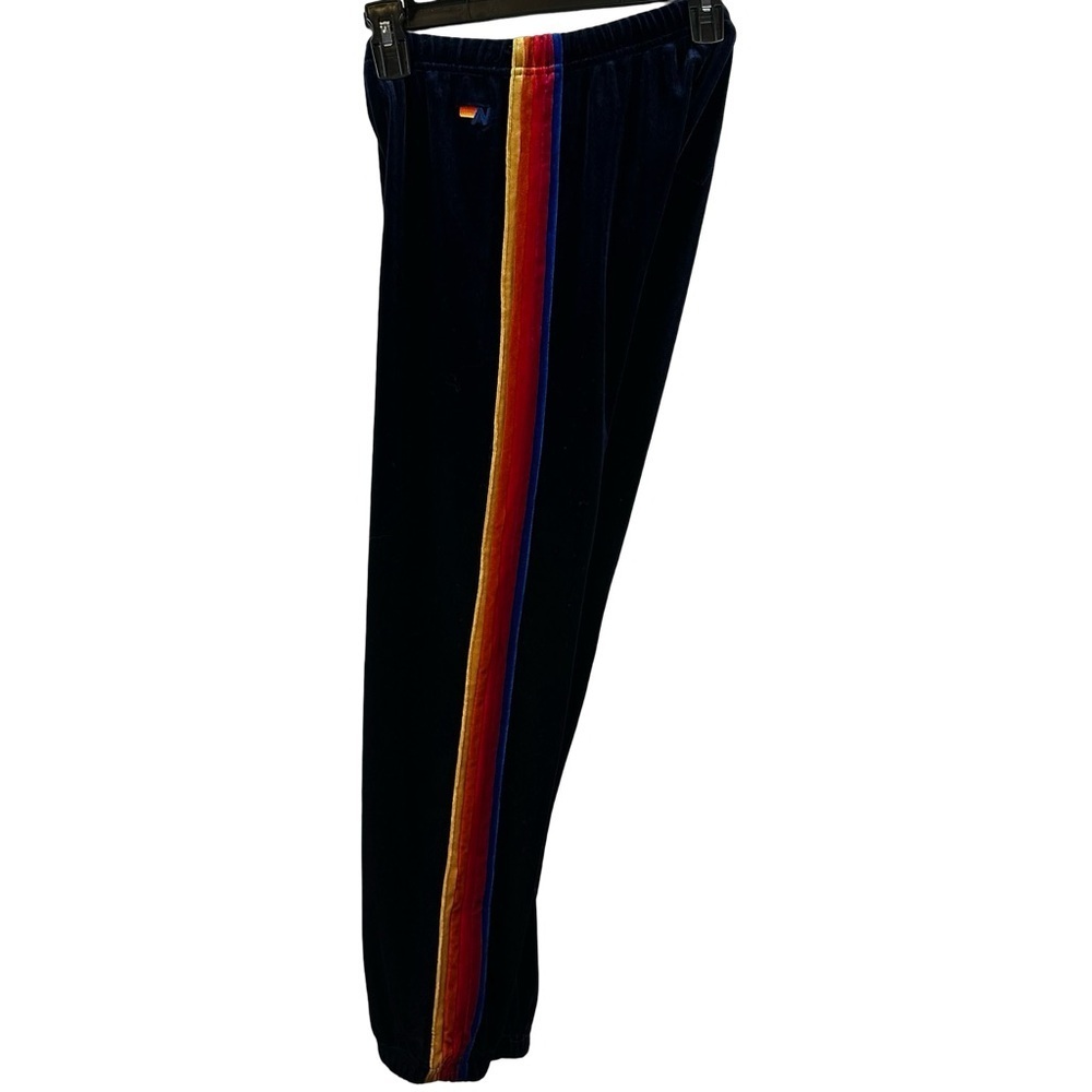 Aviator Nation Classic Velvet Sweatpants Side Rainbow Stripes Drawstring Navy S